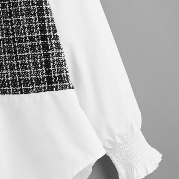 SHEIN Privé Plus size (4X) Tweed Frill Trim Curved Hem Blouse - Picture 2 of 4